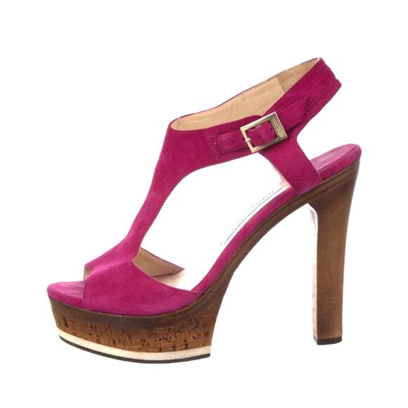 Jimmy Choo 8 Hot Pink Nixon Suede Platform Heels Peep Toe Luxury Sandals Purple - Picture 2 of 4